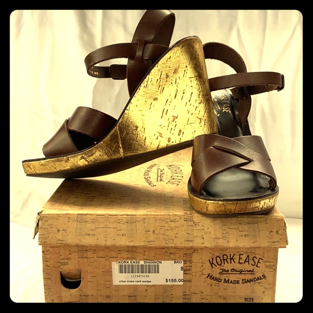 Kirk Ease chocolate and gold wedge sandals